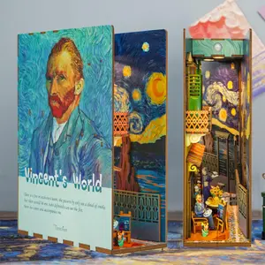Tonecheer Vincent's World DIY Book Nook Kit for Adults 3D Wooden Puzzle Bookend Bookshelf Insert Library Decor with Body Motion Sensor LED Light Craft Handmade Crafts Craft Wood Design Solid Wood Slats