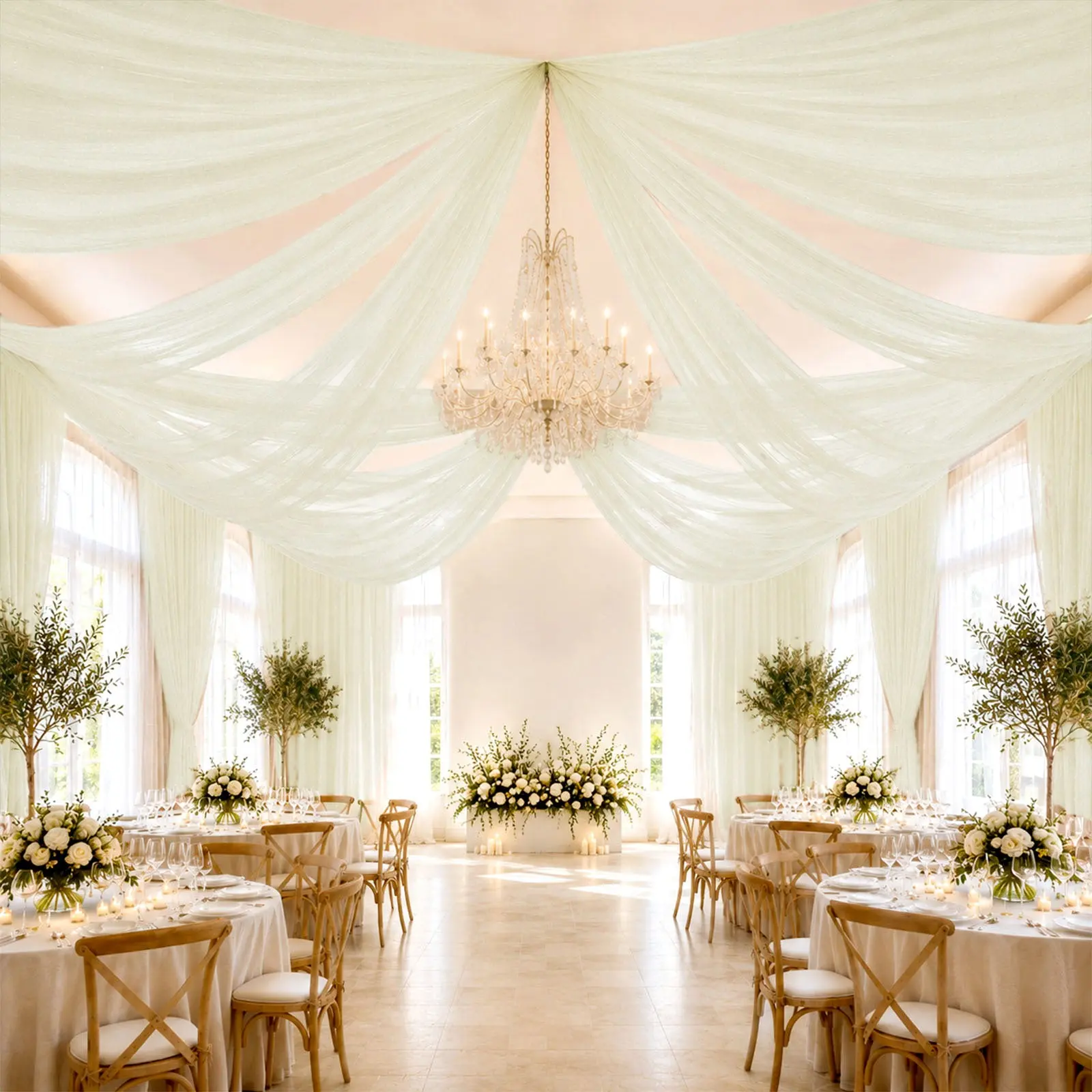 Ivory Sheer Ceiling Drape – 10ft x 32ft Extra Long Drapery Panel for Wedding Canopy, Backdrop & Reception Décor