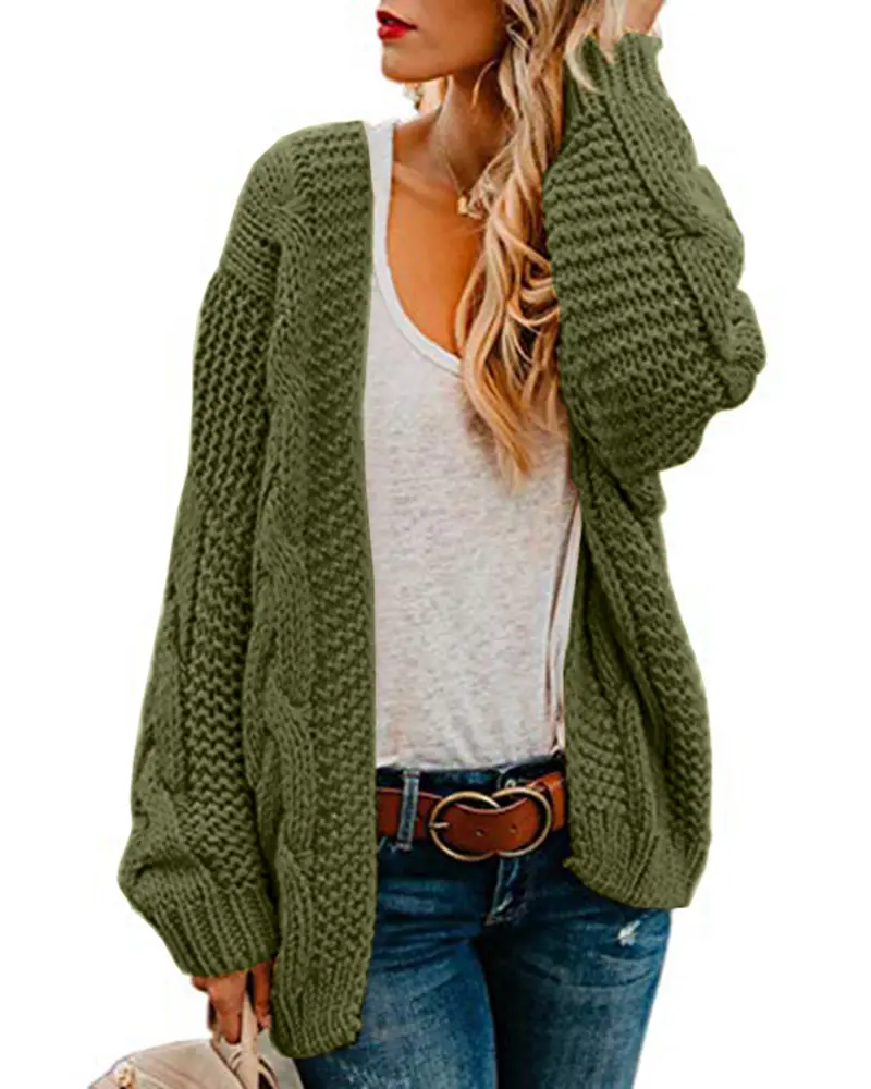 Lannew Women's Cropped Cable Knit Cardigan Sweaters Long Sleeve Front Crew Neck Chunky Sweater Tops