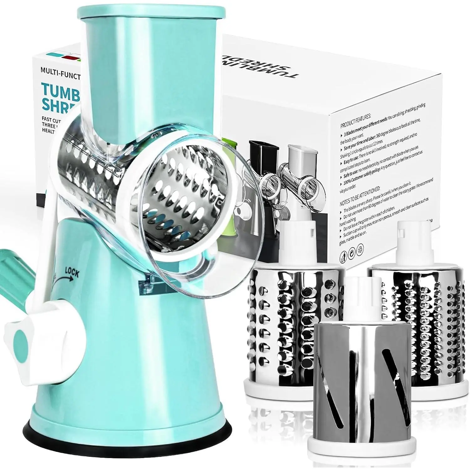 Rotary Cheese Grater for Kitchen, Shredder with 3 Interchangeable , Rotary Grater with Handle and  Suction Base, for Vegetables, Fruit, Nuts, Easy to Use and Clean, Blue