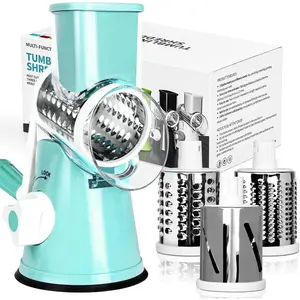Rotary Cheese Grater for Kitchen, Shredder with 3 Interchangeable , Rotary Grater with Handle and  Suction Base, for Vegetables, Fruit, Nuts, Easy to Use and Clean, Blue