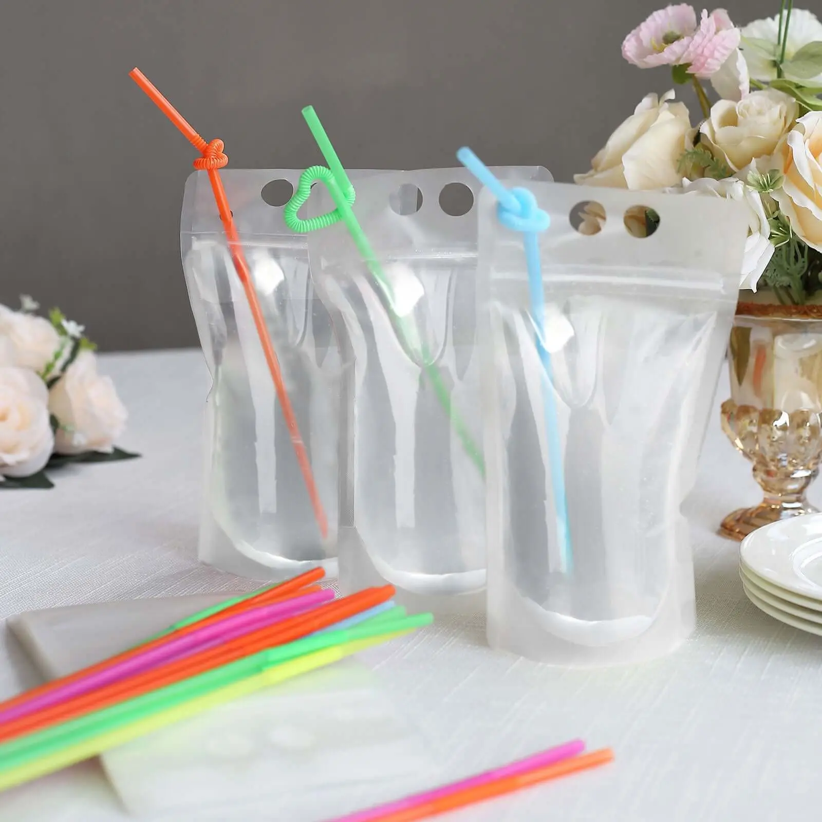 50-Pack Plastic Drink Pouches 12oz Clear with Straws and Zipper 50-Pack Plastic Drink Pouches 12oz Clear with Straws and Zipper