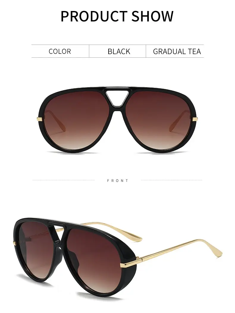 Women's 1970s-Style Full Rim Aviator Sunglasses - Stylish Sunglasses for Women with Glossy Black Statement Frame, Gradient Brown Lenses, Gold Metal Arms, Lightweight All-Day Wear - Ideal for Road Trips, Holidays, Womens Sunglasses, Female