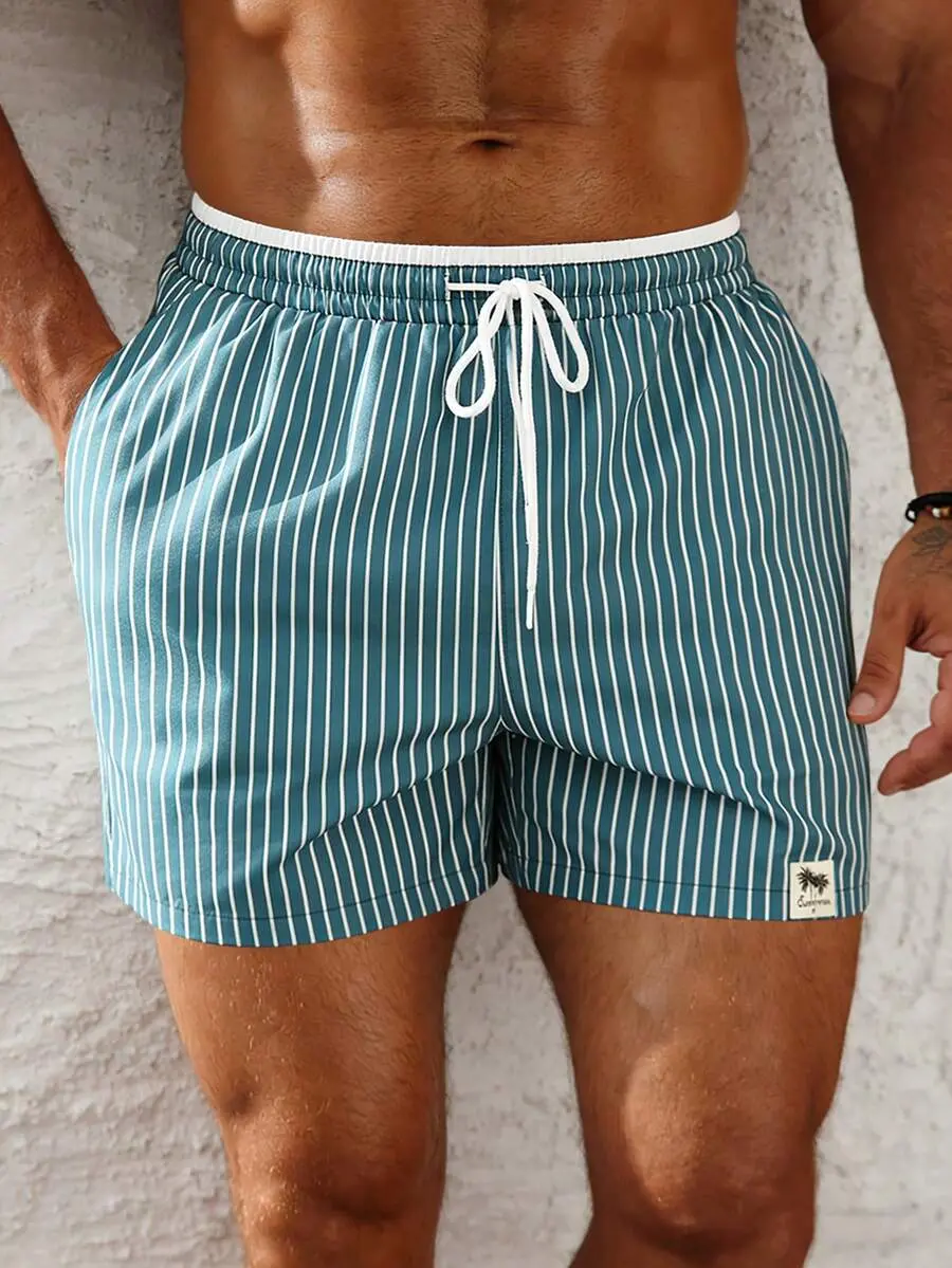 YAMAN Men's Drawstring Waist Striped Pocket Beach Shorts Teal Swim Trunks Men Green And White Swim Trunks Men Striped Swim Shorts Beach Trunks, Holiday