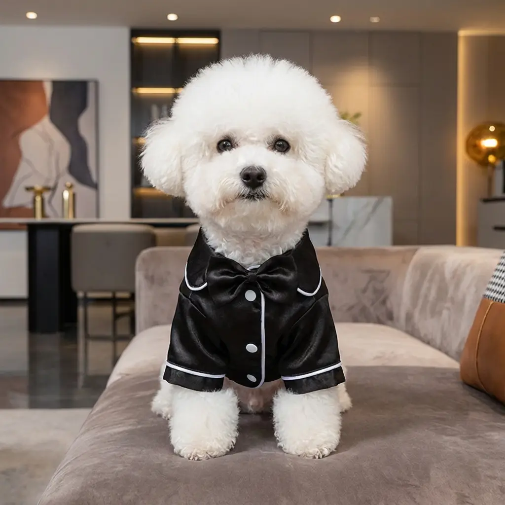 Pet Clothes 2-Piece Cozy Silk Pajama Set with Bow Headband, Soft Sleepwear for Teddy Bichon Pomeranian & Bulldog Puppies, Comfortable Nightwear for Cats, Black