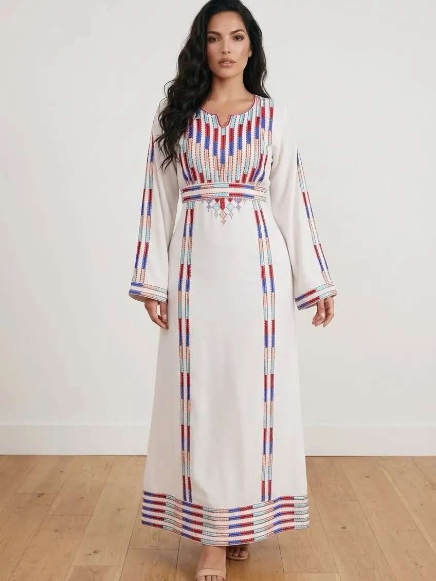 Embroidered Crepe Abaya for Women, Modern Jordanian Style Modest Fashion with Long Sleeves and Belt for Casual or Formal Events, S