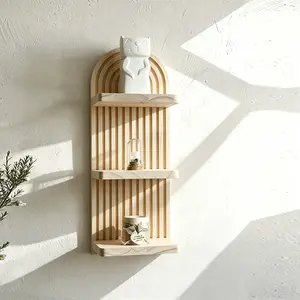 Modern Bohemian Wooden Hanging Wall Shelf, Decorative Multi-Layer Floating Bookshelf, Arc Design, Handmade Wood Decor, 3-Tier Wall Storage Rack, Boho, Decoration
