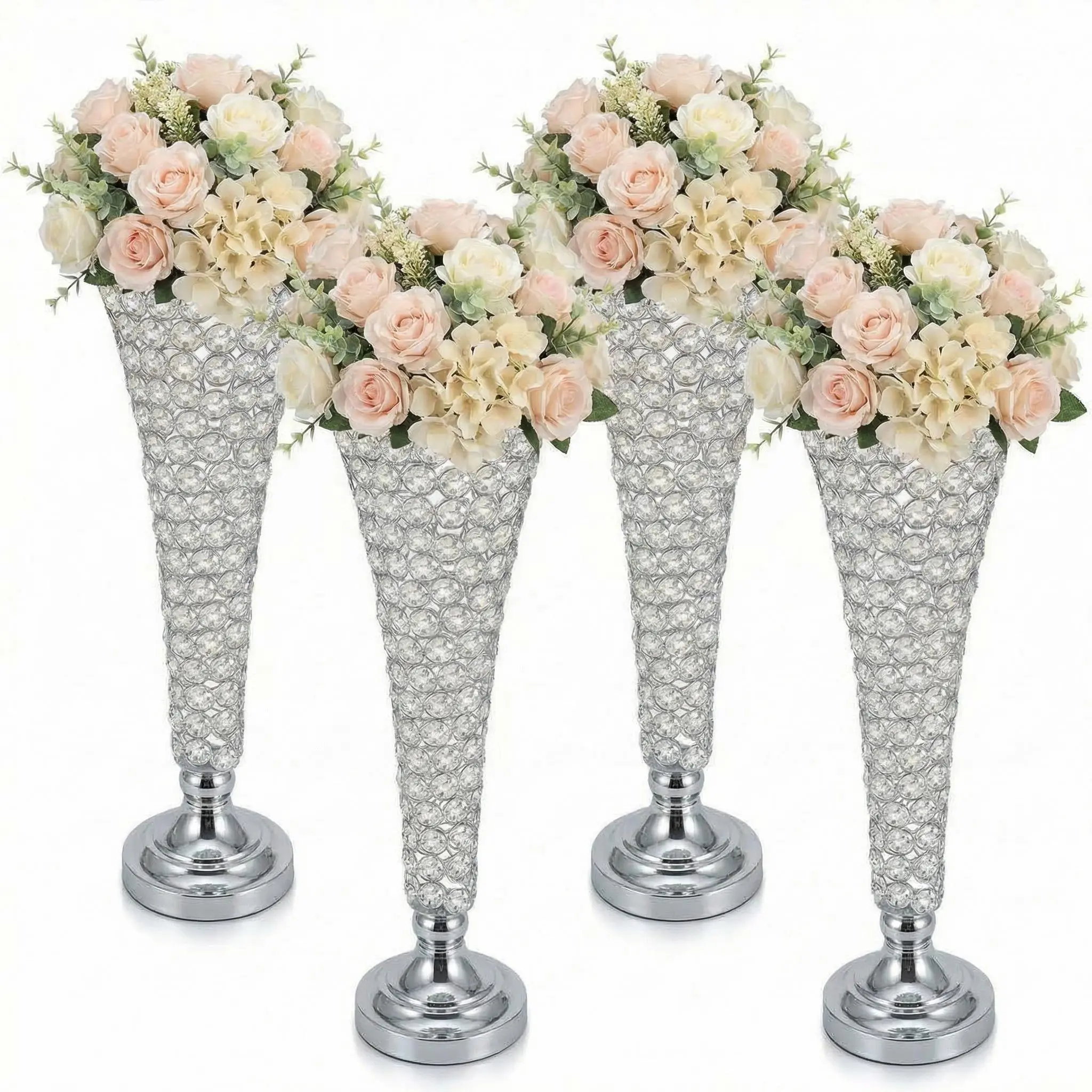 4Pcs 20" Gold Crystal Trumpet Vases for Wedding Centerpieces | Elegant Metal Floral Stand with Non-Slip Base | Luxurious Flower Arrangement for Party, Reception, Home Decor