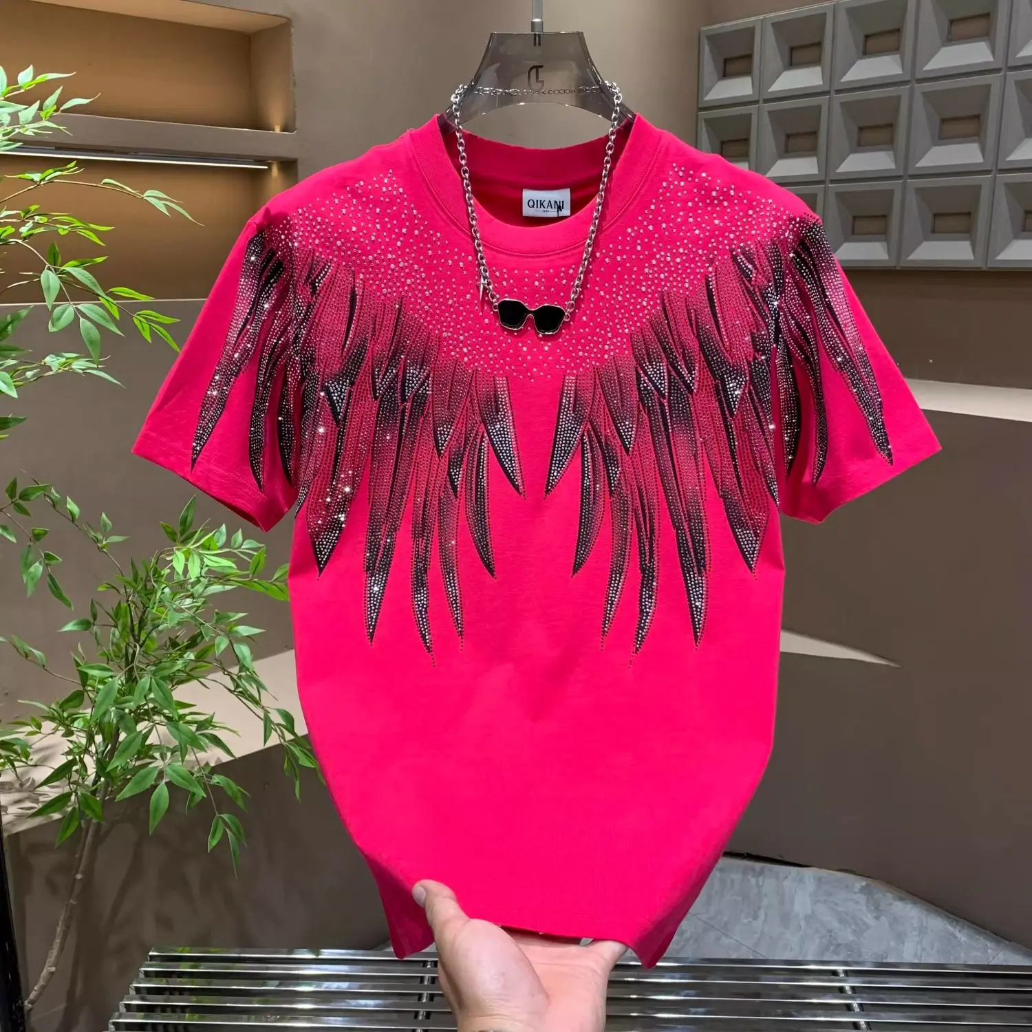 Summer New Men's Short Sleeve T-Shirt American Style Trendy Brand Personality Wing Print Rhinestone Luxury Versatile Crew Neck Top short sleeve t-shirt men daily wear men gift good  graphic  tees graphic  tees ultrakill  holy  shirt men  gifts