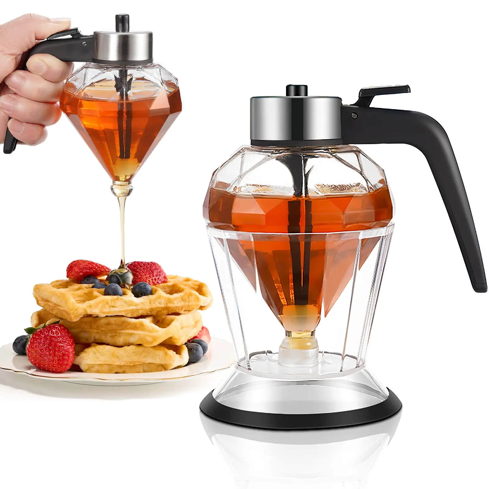 No-Drip Glass Honey Dispenser with Plastic Stand - Diamond Shaped Honey&Syrup Dispenser - Minimalist decor creates a clutter-free kitchen, Easy to clean No drips No mess, 8 oz capacity meets daily needs