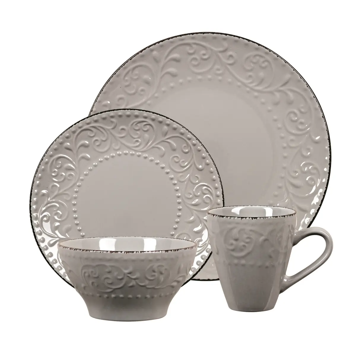 Gray Stoneware Scroll Tableware Set - 16-Piece Casual Dining Kitchen Dinnerware with Round Plates, Bowls, Mugs