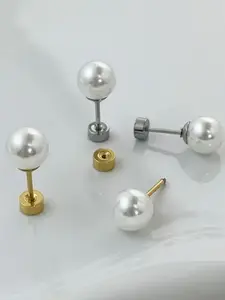 4pcs Set of Stainless Steel Silvery and Golden Round Faux Imitation Pearl Stud Earrings, -Friendly Flat Back Design, Unisex Style, Perfect for Valentine's Day or Special Occasions to Gift Loved Ones and Friends