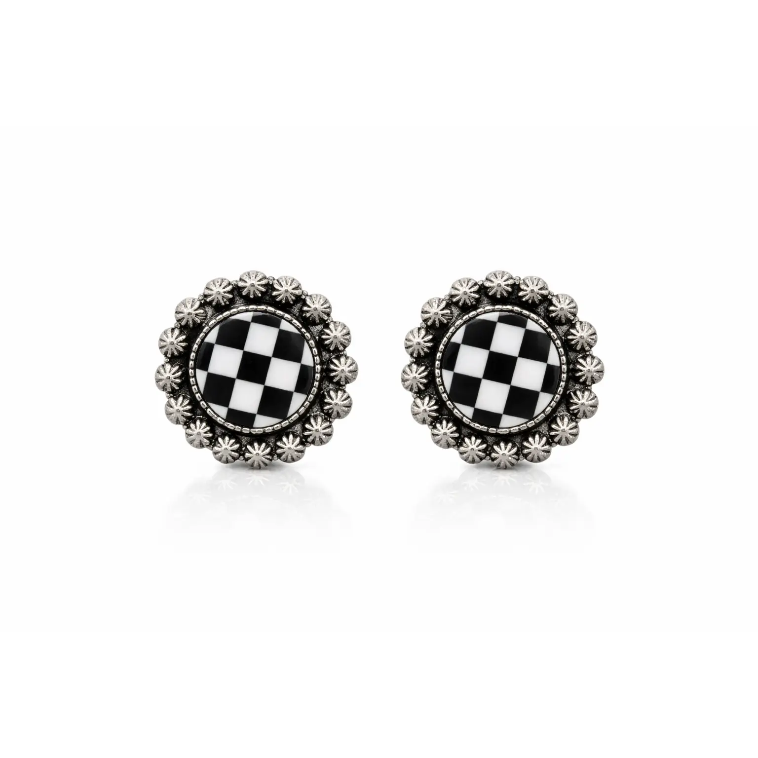 Oversized Western Earrings Studs for Cowgirls, High Contrast Checkered Design with Antiqued Silver Concho Frame, Lightweight Statement Jewelry, Stud Earring Jewelry, Western-Inspired Concho Frame, Studs Earrings, Fashion Chic Accessories