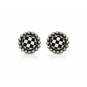 Female Midnight Checkered Concho Stud Earrings with Metal Coating