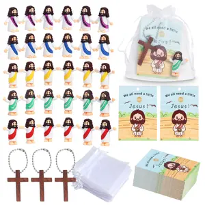 30pcs Cute Cartoon Cross Keychains Mini Jesus Figures| Easter Christmas Party Decorations, Classroom Favors Bulk Supplies