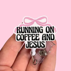 Glitter My Badge Running on coffee and Jesus nurse badge reel for nurse and hospital workers. Badge clip Badge pull - Retractable swivel clip with a 360 rotation. Great gift for coworker.