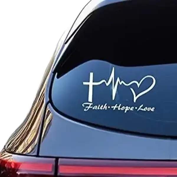 Faith-hope-love white vinyl decal. 8” wide. Easily apply. car bumper