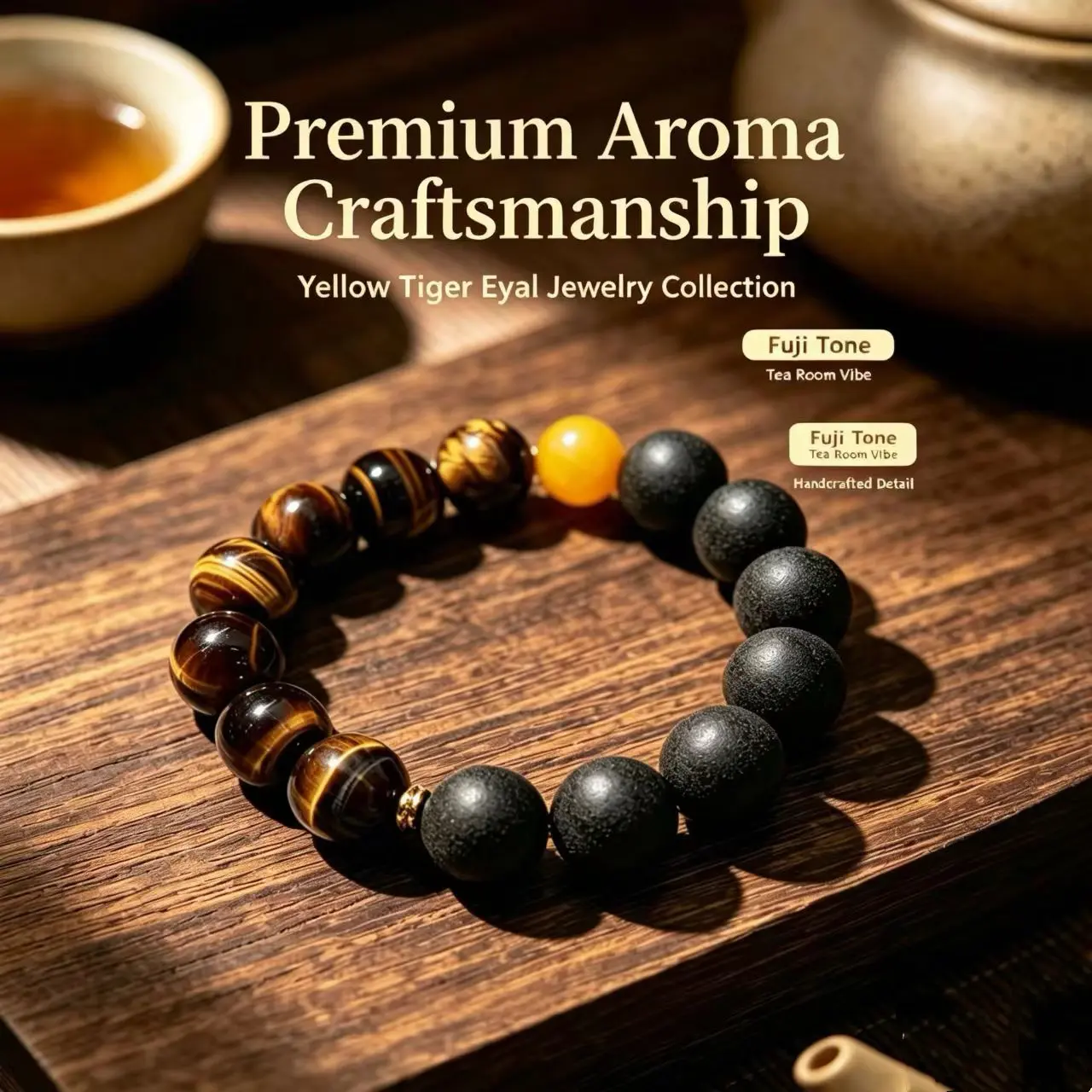 Custom-Made Beaded Charm Bracelet, Handcrafted Detail, Tiger’s Eye Stone, Breathing-Muscle Design