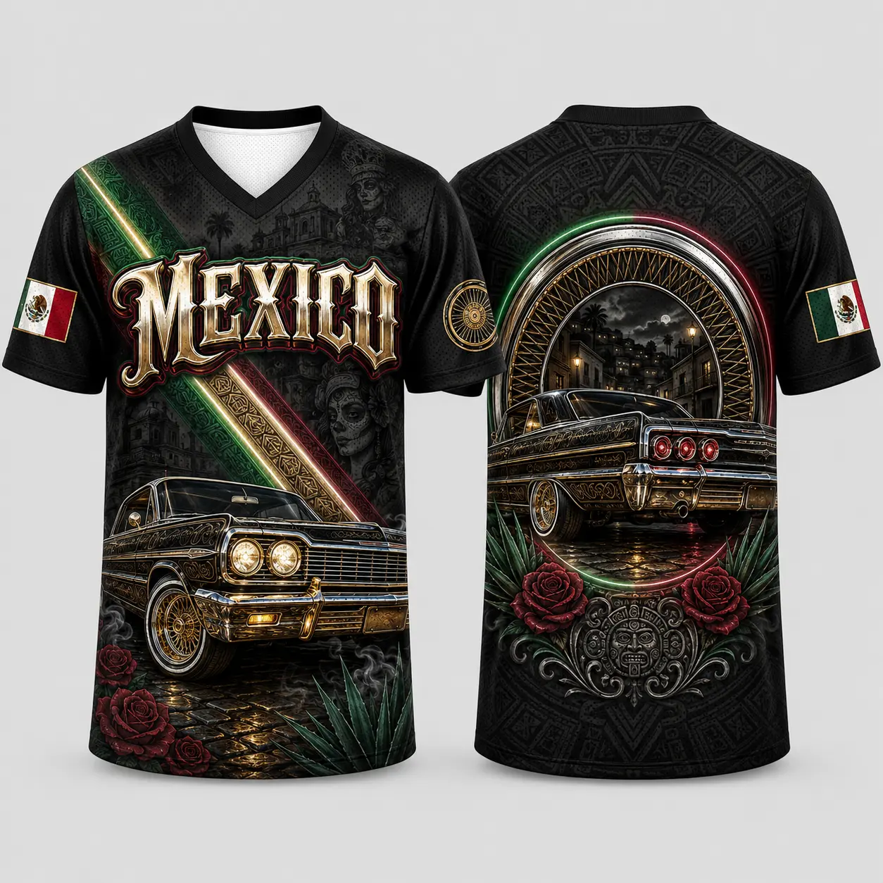 Male Mexican-Inspired Black Lowrider V-Neck Graphic Mexico Jersey - Short Sleeve, Classic Car Rose All-Over Print, Casual Fit, Sporty Chic Latin Streetwear Top with Colorful Stripe Accents, Double-Sided, for Parties, Festivals (Sports & Outdoor Clothing),