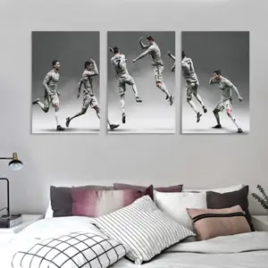 Cristiano Ronaldo Soccer Action Triptych Wall Art Recycled Wood Framed Canvas Prints Dynamic Mid Action Poses Sports Themed Decor for Man Cave Office Home Soccer Wall Decor Office Artwork Gift Hanging Ornaments - Decoration
