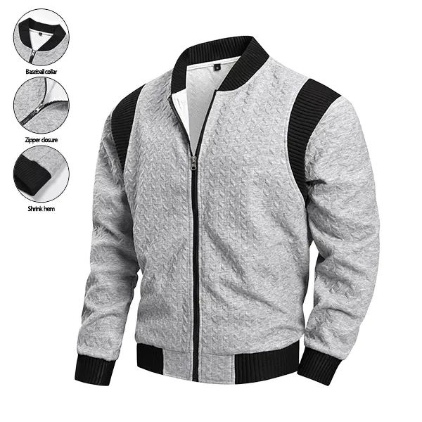 Men's Minimalist Patchwork Quilted Baseball Jacket-Coat, Soft Lightweight Poly Fabric, Retro, Fashionable, Textured, Stretch, Ribbed Cuffs, Breathable, Quick Wearing, Long-Sleeve Zipper-Up Fitted Streetwear Outerwear for Everyday Wear, Black