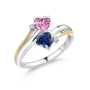 925 Sterling Silver & 10K Yellow Gold Gemstone Birthstone, Pink Moissanite and Accent Lab Grown Diamond 2-Heart Promise Ring | Heart Shape 5MM | Round 1.3MM | Two-Tone Couple Engagement Mother Ring