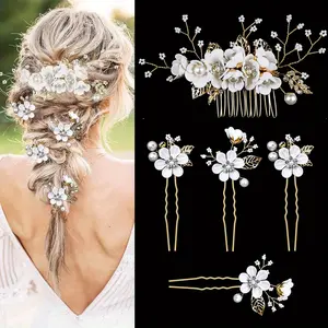5 Pcs Crystal Pearl Leaf Vine Hair Combs Pins Twist Spiral Hairpins Wedding Flower Hair Pieces U-shaped Flower Hair Pins for Brides Bridesmaids Women Girls Beauty & Personal Care