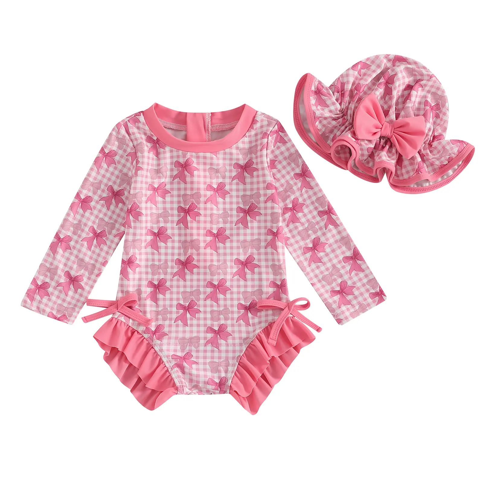 Toddler Baby Girls Plaid Rash Guard Swimsuit Cute Bow Print Long Sleeve Zipper Swimwear Bathing Suit with Sun Hat 6M-4T