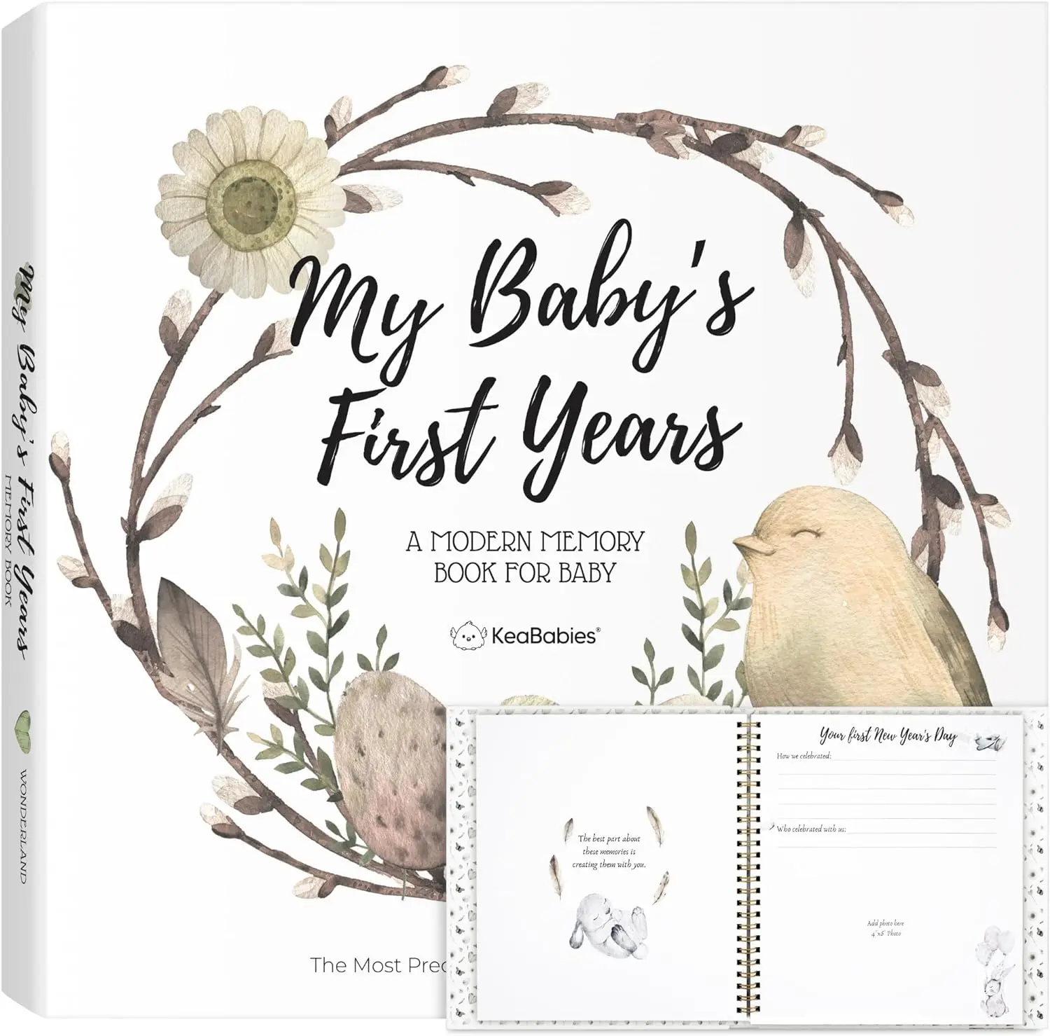 First 5 Years Baby Memory Book Girl, Boy - 90 Pages Hardcover First Year Milestone Keepsake Book, Newborn Scrapbook for New Parents, Minimalist Photo Album Journal, Gift for Baby Shower (Wonderland) KeaBabies