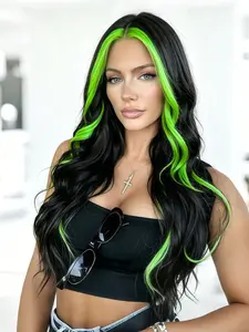 Black & Green Highlighted Wavy Synthetic Wig, 13x4 Lace Front Wig with Pre-Plucked Hairline, Stylish Wig for Valentine's Day, Date Night, Party, Cosplay & Stage Show, Ideal Valentine's Gift for Women 28 Inch