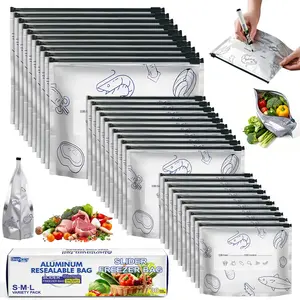 30 PCS Reusable Aluminum Foil Sealable Storage Bags, 2026 New Resealable Vacuum Ziplock Stand-Up Bags, Airtight Seal for Food with Label, Heavy Duty BPA-Free, Meat Seafood Vegetables & Fruit (S+M+L)
