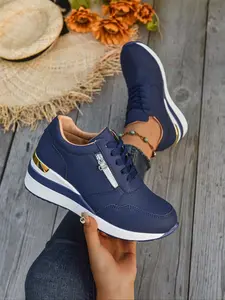 Women's Thick Sole Sports Shoes, Lace-Up & Side Zip Design, Sporty Style, Comfortable Walking Shoes, Plus Size Available, Polyurethane Sole