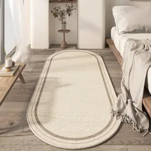 Modern Minimalist Cream Color Bedroom Bedside Plush Rug, Oval Line Design Bathroom Carpet, Soft Comfortable Pad, Home Decor Mat, Minimalist Fluffy Rug, Household Decorative Rug, Modern Indoor Rug