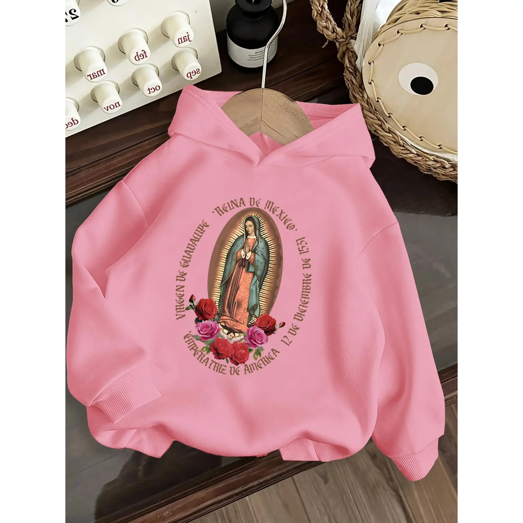 Girls' Mexican Virgin of Guadalupe Graphic Hoodie - Vibrant Pink, Slight Cozy Long Sleeve Kids Clothing Girls Catholic Religious Apparel,  Fall Winter Pullover, Machine Washable