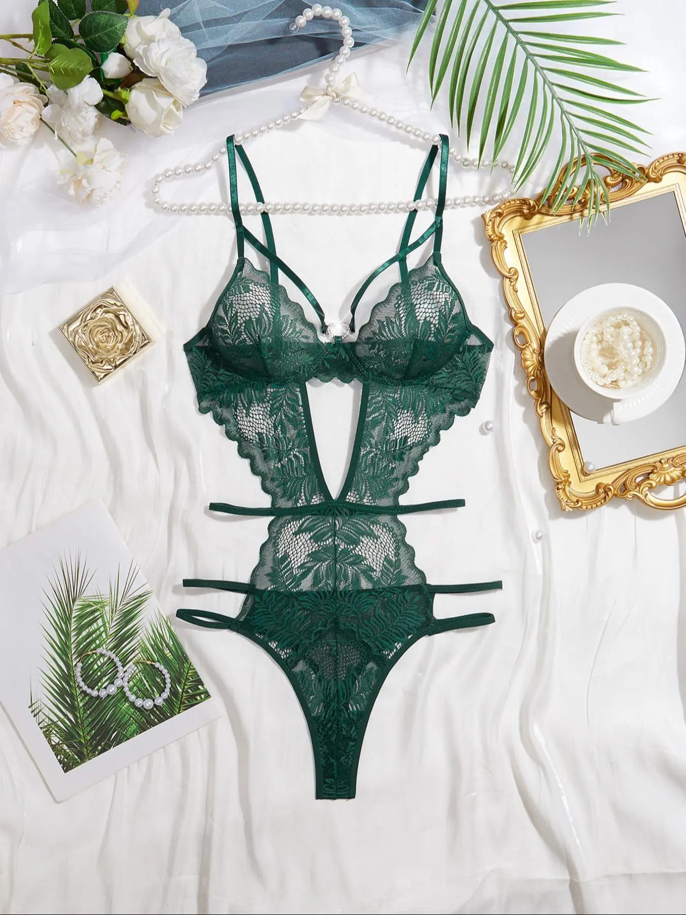 Women's Sexy Lace Cut Out Jumpsuit, Lightweight Comfortable One-Piece Dress, All Seasons Lingerie, Plain Design, Trendy Fashion Wear, Underwear, Womenswear, Lace Lingerie