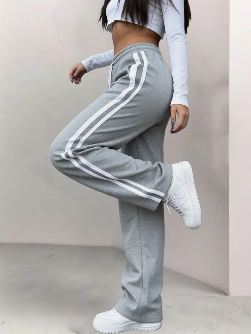 Women's High-Waisted Baggy Polyester Sweatpants - 2 White Side Stripes, Elastic Drawstring, Drapey Floor-Length Bottoms, Chic Women's Clothing for Street Casual Looks, Versatile Solid Activewear Pants