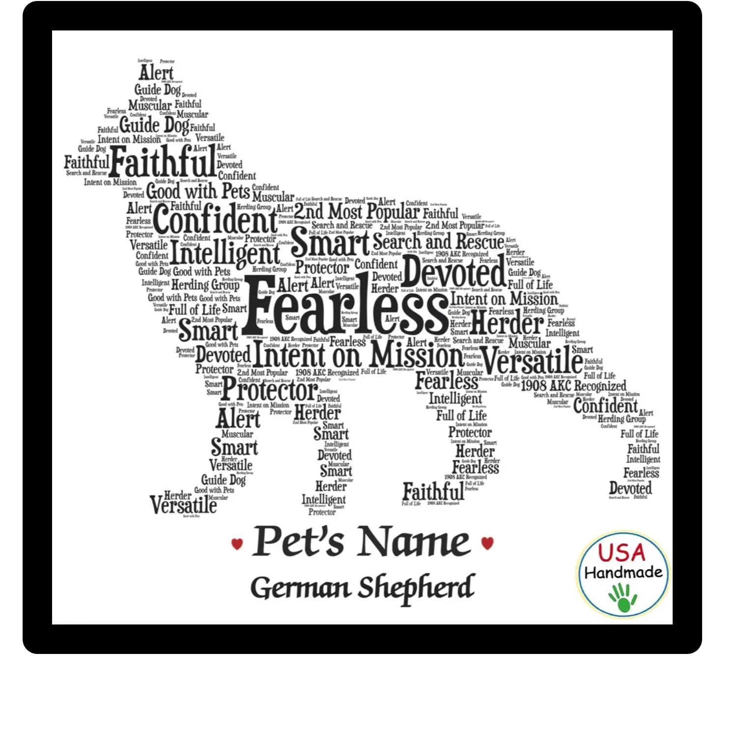 Personalized Shepherd Dog Name Frame – Custom Framed Pet Art Gift Wrapped for Dog Lovers. Add your dog's name in the delivery instructions box or order notes at checkout.