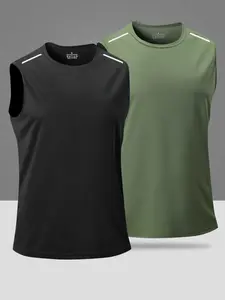 Two sleeveless sports tank tops for summer, quick-dry fabric with reflective shoulder stripes, stylish design, breathable and comfortable, essential for outdoor workouts