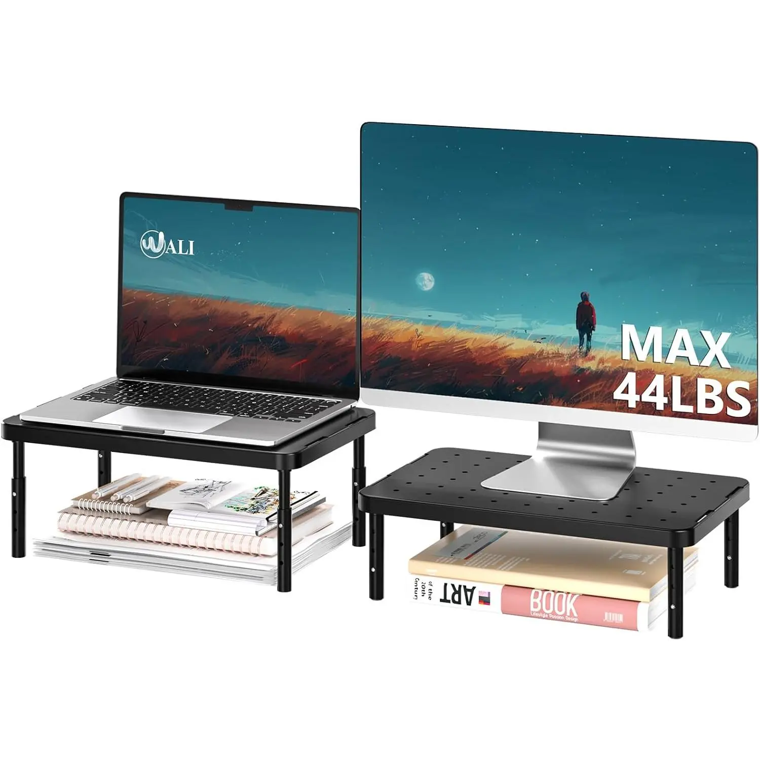 Black Adjustable Computer Monitor Stand - 1 Pack Office Furniture Desk Accessory, Max 44lbs Capacity for Monitors, Laptops, Printers, Home/Office Use