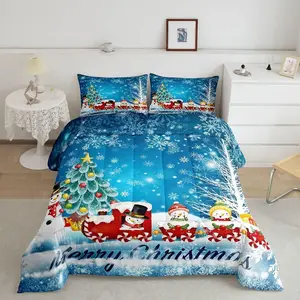 Cute Christmas Snowman Comforter Set,Kawaii Snowmen With Xmas Train Bedding Set,Blue Christmas Tree Snowflake Quilt Duvet,New Year Holiday Bedding