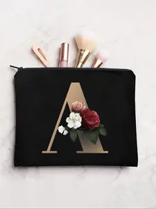 Letter & Floral Pattern Cosmetic Bag, Durable Zipper Makeup Bag, Makeup Organizer Pouch, Versatile Storage Bag for Travel & Daily Use, Ideal Gift for Daughter & Son