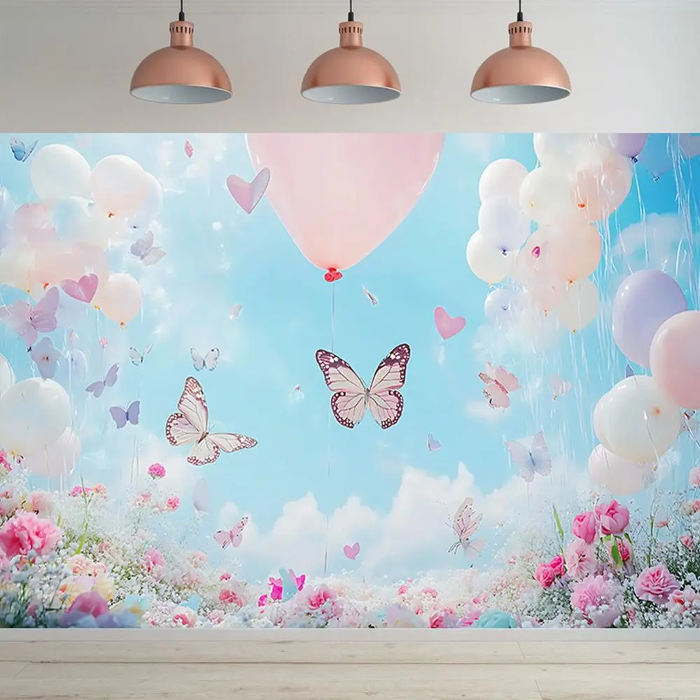 1pc Pastel Sky Blue Polyester Butterfly-Balloon Birthday Party Banner - Floral, Heart Decor Backdrop, Durable Reusable Party Decoration Supplies for Home Wall, Photo Booth