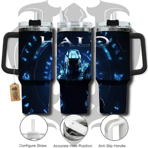 HardTimesMerch - Halo #1 40oz Handle Tumbler Stainless Steel Travel Mug, Game Inspired Vacuum Insulated Cup, Large Iced Coffee Tumbler, Manga Fighter Drinkware, Gamer Gift for Him Her