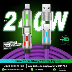 Five Core Glory RGB Breathing Light 6.6FT 4-in-1 Super Fast Charging Data Cable USB A Type C Lightning MAX65W Purple 2Pc