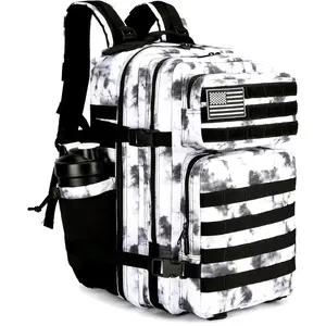 11.89gal Camo Tactical Assault Backpack with American Flag Patch - Durable Oxford Fabric, Waterproof 3-Day Rucksack with Multiple Compartments & MOLLE System, Adjustable Chest Strap for Hiking, Camping, Travel - Machine Washable