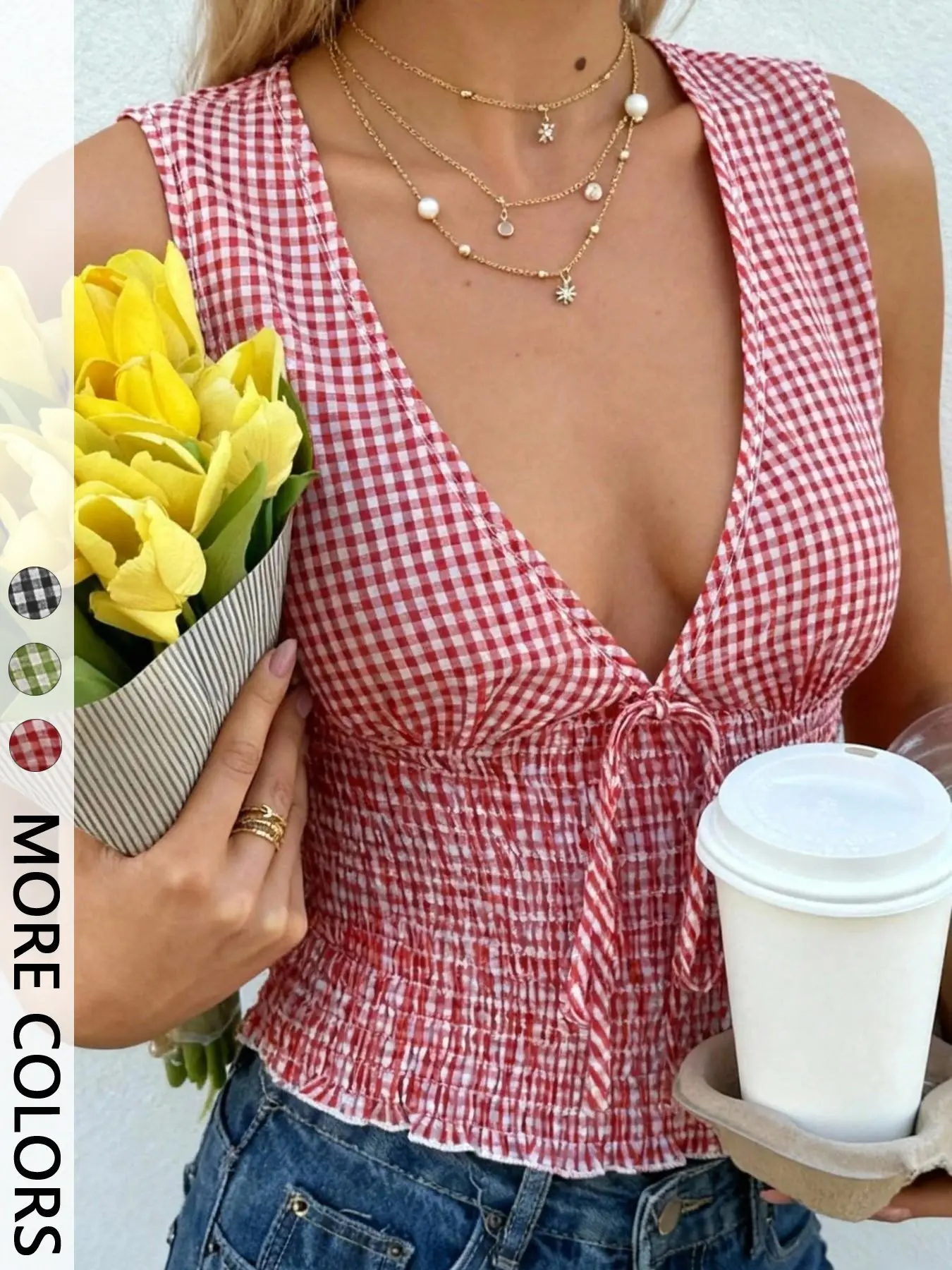 Women's Classic Feminine Gingham Print Breathable Summer Tank Top, Womenswear, Deep V Neck, Front Tie Detail, Full Smocked Waist, Sleeveless, Ruffled Hem, Lightweight Breathable Woven Fabric, Daily Casual Vacation Date Commute Wear