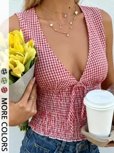 Women's Classic Gingham Print Tank Top, Womenswear, Deep V Neck, Front Tie Detail, Full Smocked Waist, Sleeveless, Ruffled Hem, Lightweight Breathable Woven Fabric, Daily Casual Vacation Date Commute Wear