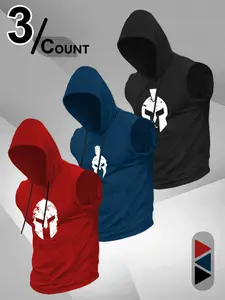 Men’s 3-Pack Sleeveless Hooded Tank Tops, Spartan Helmet Graphic Fitness Hoodie Vests, Soft Breathable Workout Tops for Gym Training, Bodybuilding & Casual Wear, Red/Navy/Black