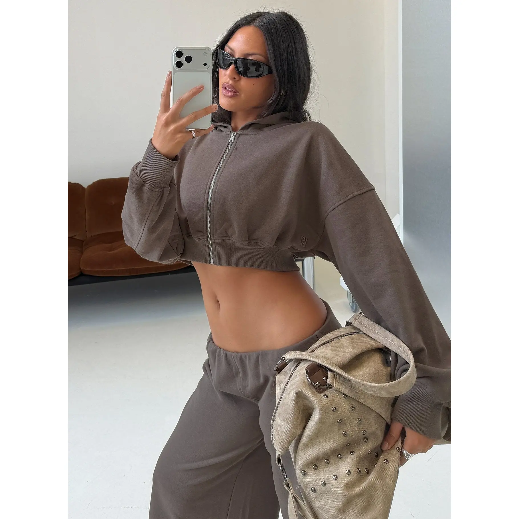 Lanna Fleece Zip Through Cropped Hoodie Grey