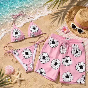 Denim Couple Matching Pink Floral Bikini & Swim Trunks Set for Beach Vacation, Luxury Couple Matching Swimwear Set, Viral Couple Bikini & Men’s Shorts, Beach Vacation Gift for Him Her